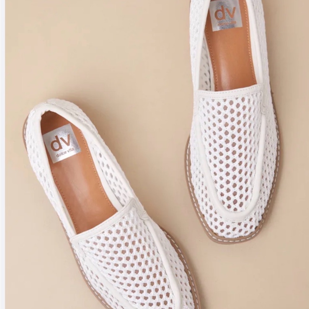Dolce Vita White Woven Slip-On Loafers with Tan Trim